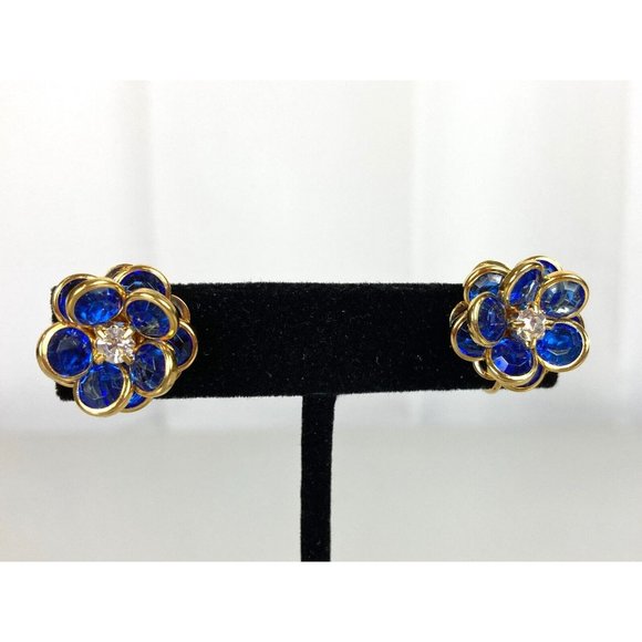 Vintage Avon Rhinestones Flower Petal Stud Earrings Blue Clip on - Picture 2 of 7